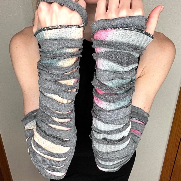 Mummy Bandage Gloves Pink Tie Dye Lace Up Arm Warmers Gray Ripped Whimsygoth Psy - Picture 1 of 11
